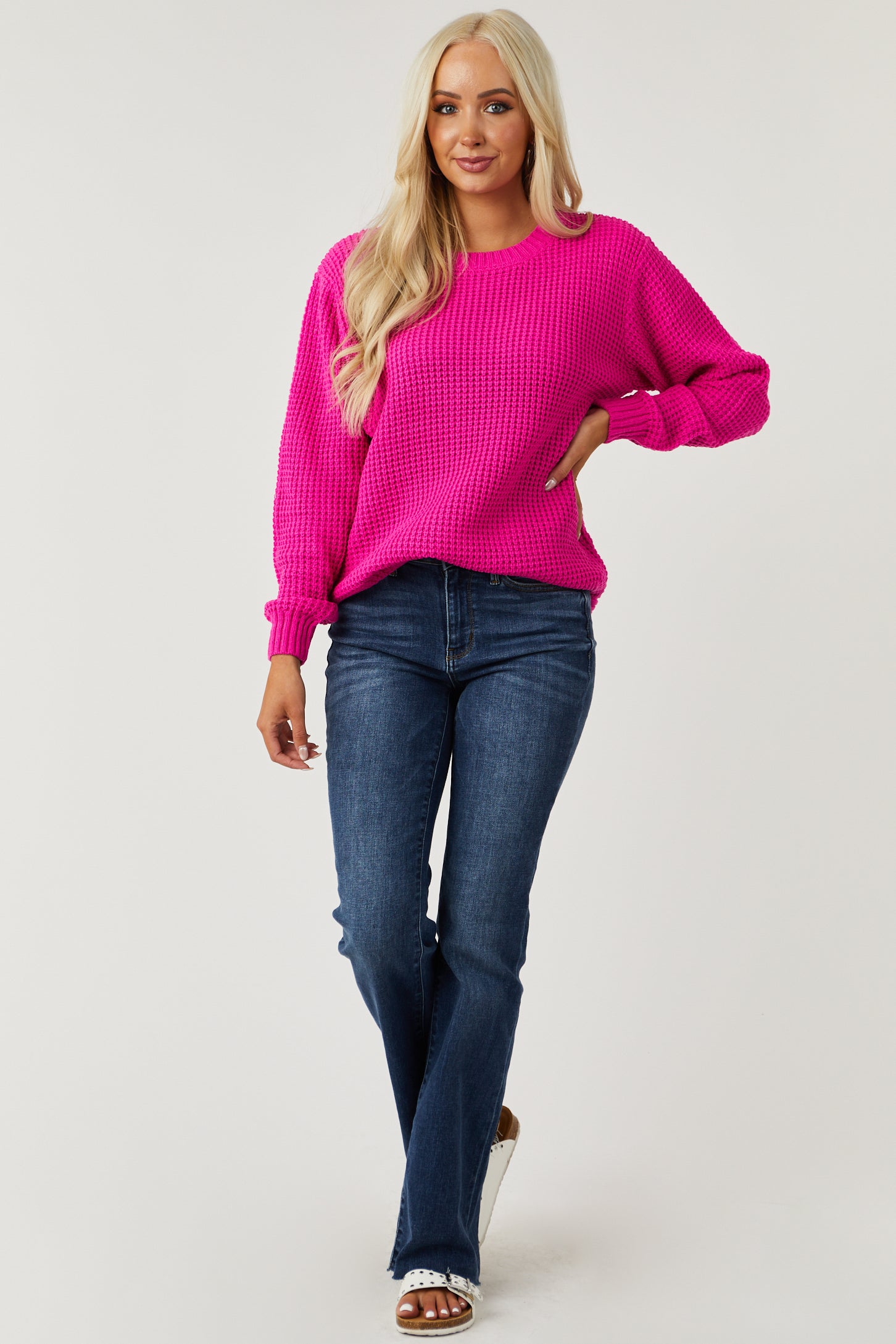 Deep Fuchsia Thick Waffle Knit Curved Hem Sweater