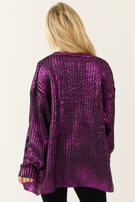 Deep Magenta Open Front Metallic Knit Cardigan