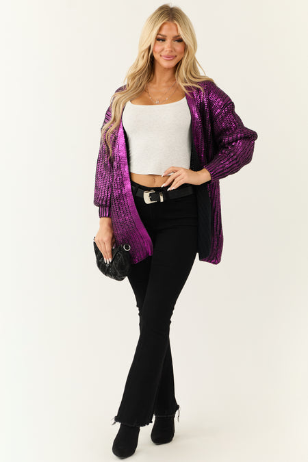 Deep Magenta Open Front Metallic Knit Cardigan