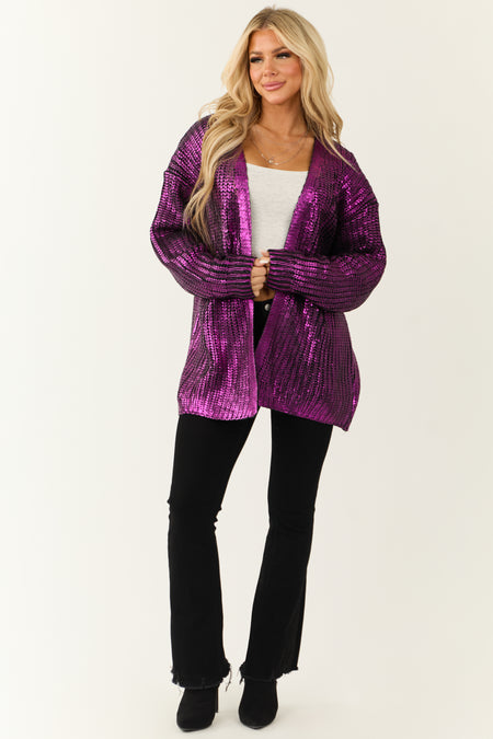 Deep Magenta Open Front Metallic Knit Cardigan