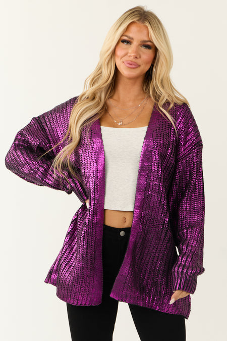 Deep Magenta Open Front Metallic Knit Cardigan