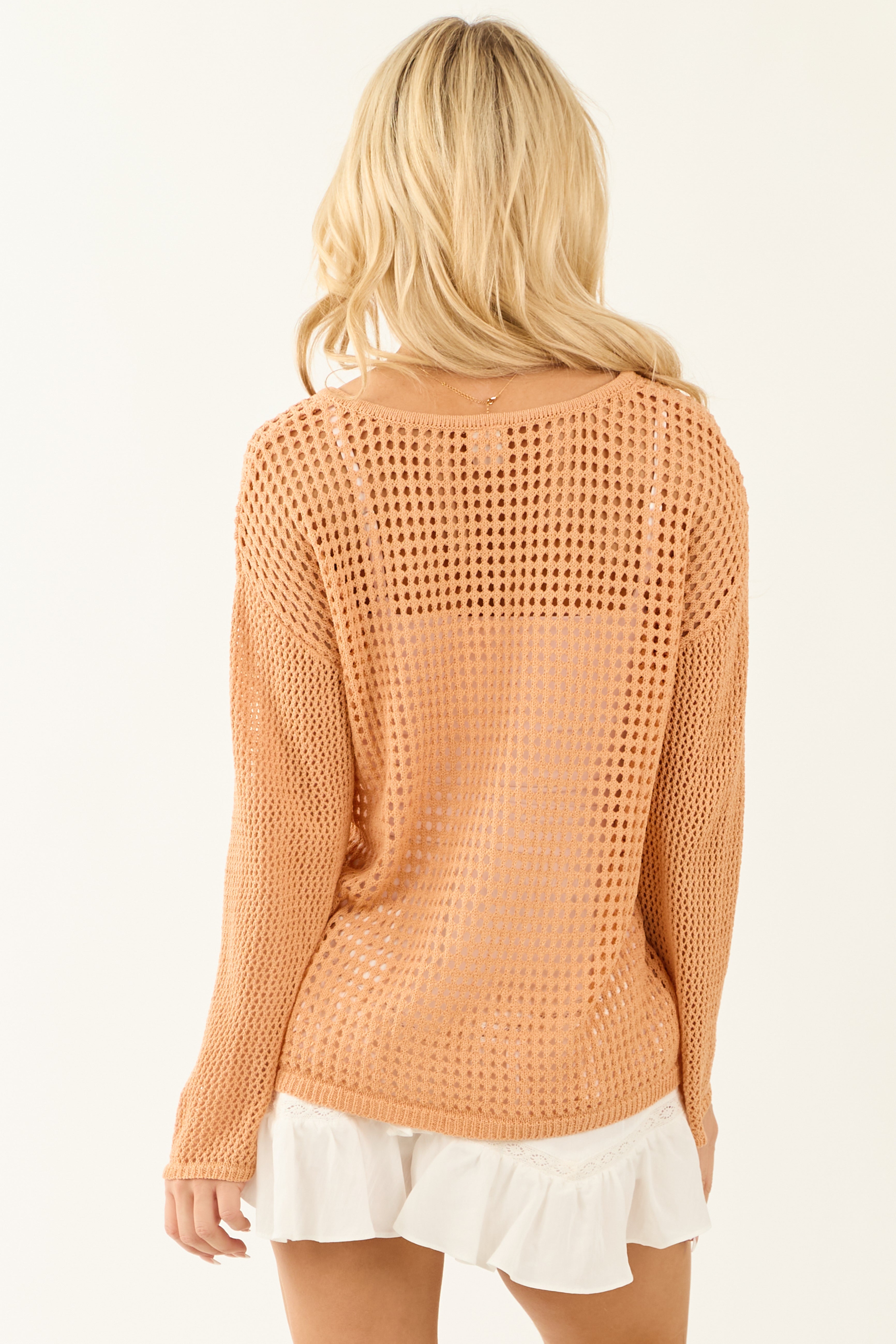 Deep Melon Open Crochet V Neck Long Sleeve Top