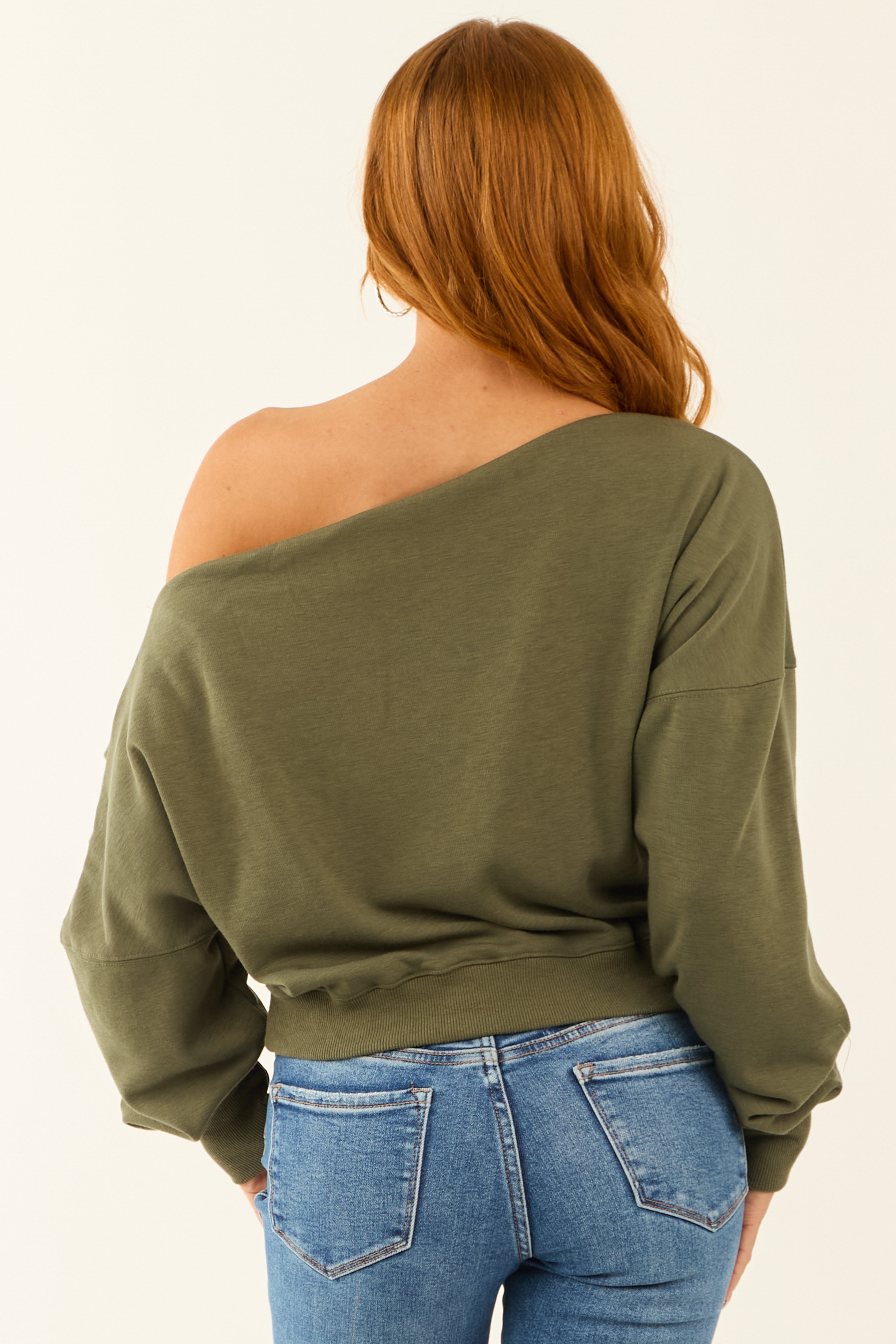 Deep Olive One Shoulder Long Sleeve Sweater