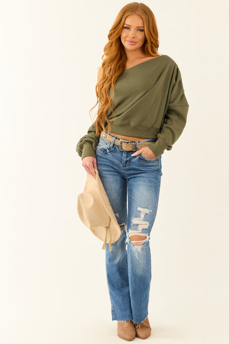 Deep Olive One Shoulder Long Sleeve Sweater