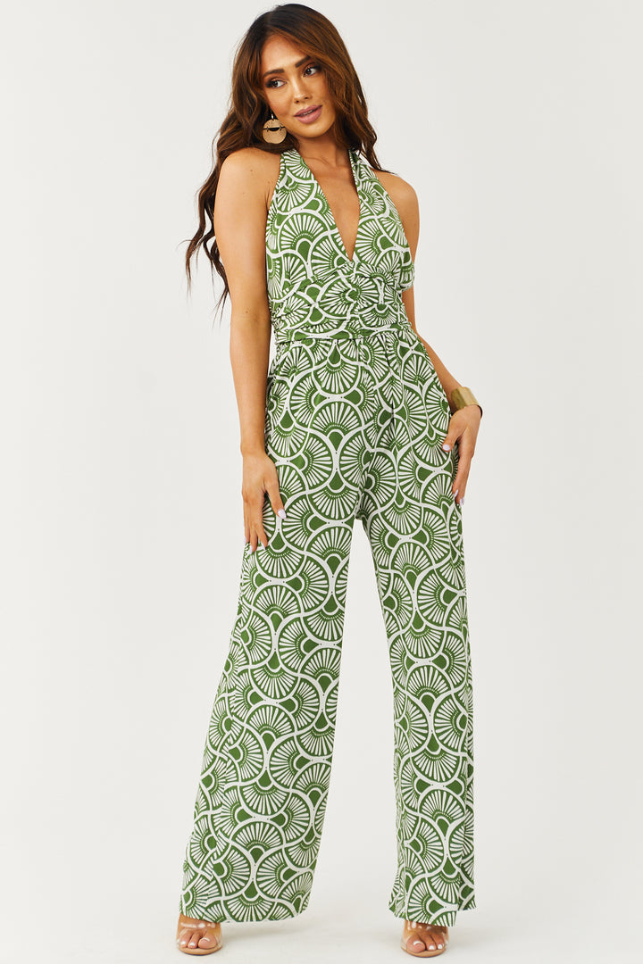 Deep Olive Printed Halter Neck Wide Leg Jumpsuit & Lime Lush