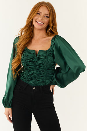 Deep Pine Long Bubble Sleeve Ruched Satin Bodysuit