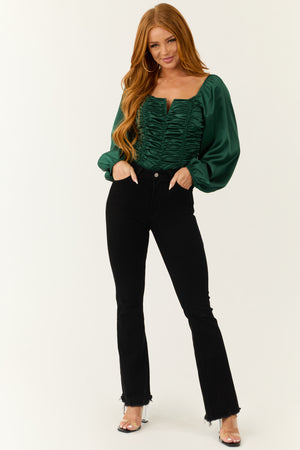 Deep Pine Long Bubble Sleeve Ruched Satin Bodysuit