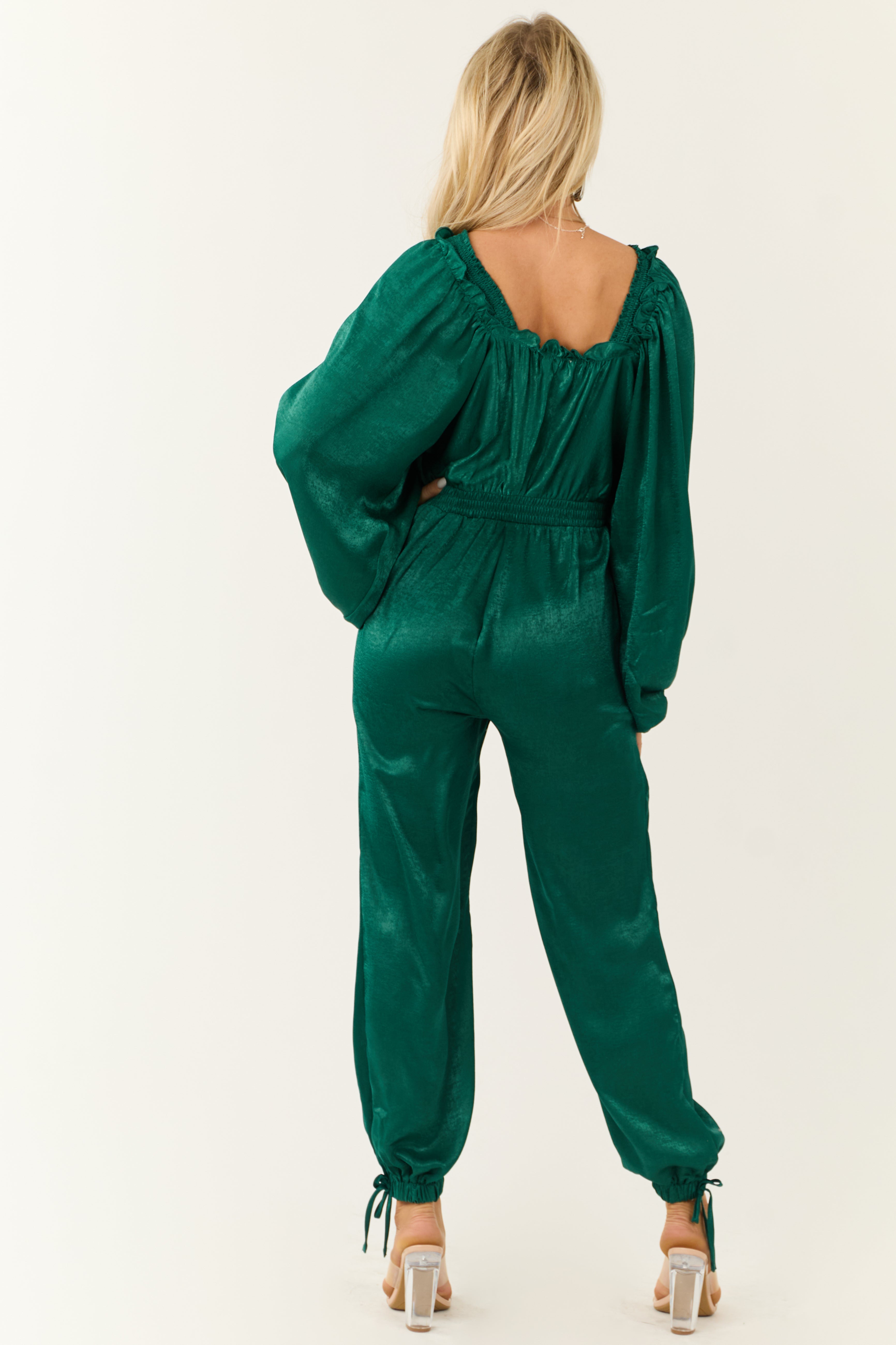 Emerald Textured Satin Deep V Neck Jumpsuit