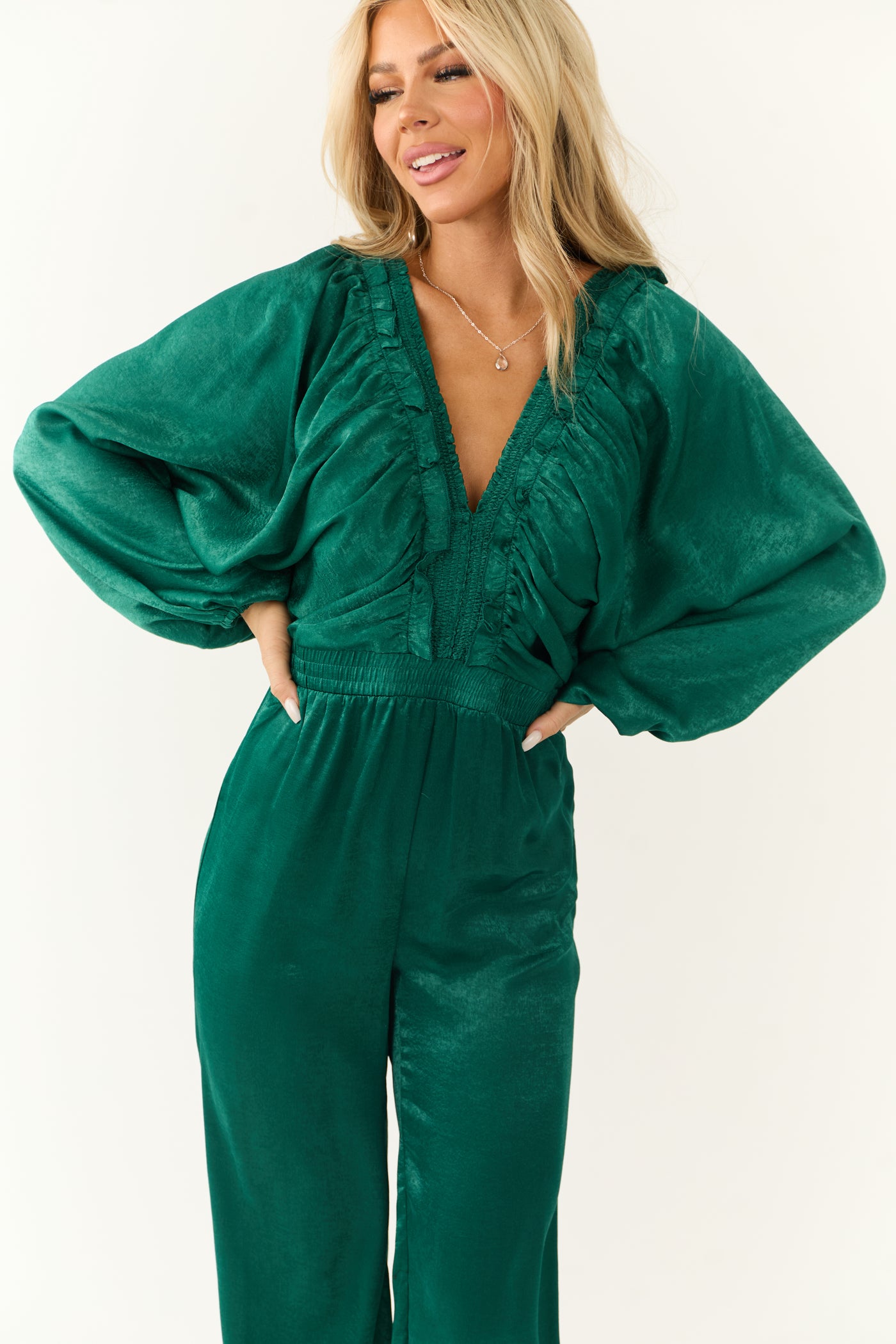 Emerald Textured Satin Deep V Neck Jumpsuit