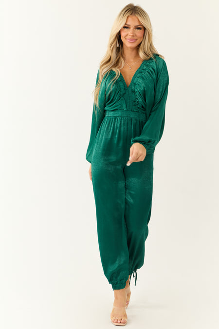 Deep Pine Textured Satin Deep V Neck Jumpsuit