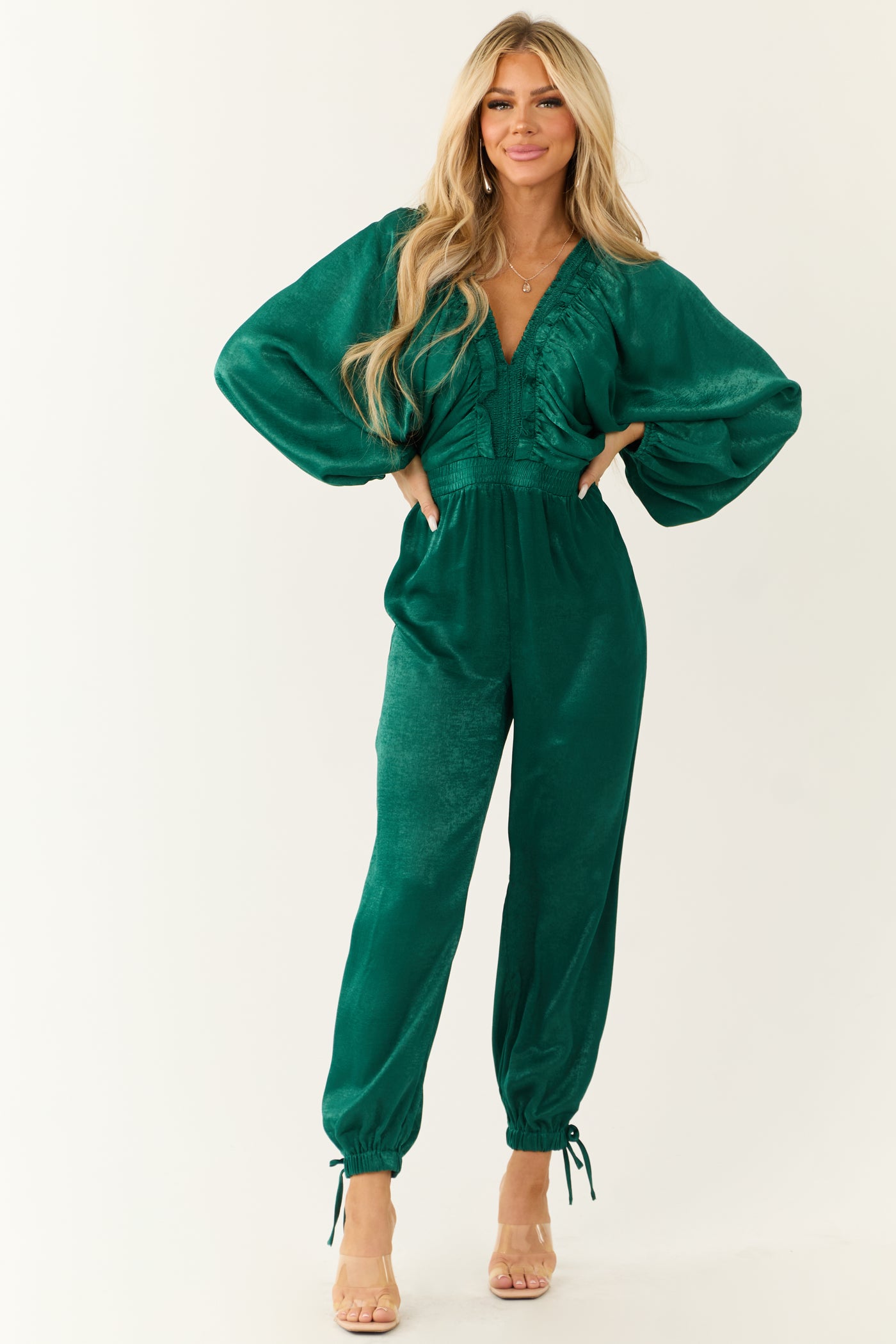 Deep Pine Textured Satin Deep V Neck Jumpsuit