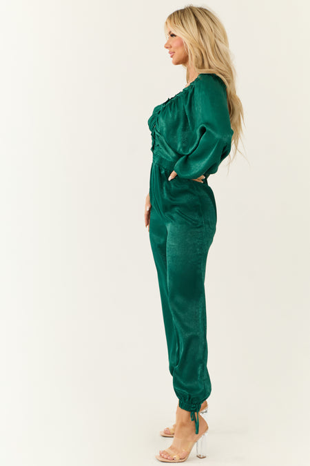 Emerald Textured Satin Deep V Neck Jumpsuit