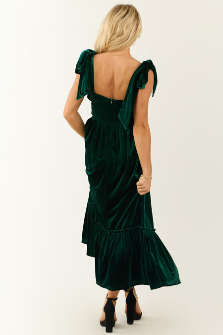 Deep Pine Velvet Tie Straps Ruched Maxi Dress