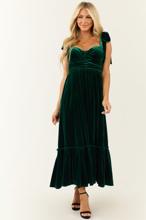 Deep Pine Velvet Tie Straps Ruched Maxi Dress