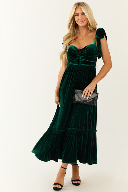 Deep Pine Velvet Tie Straps Ruched Maxi Dress