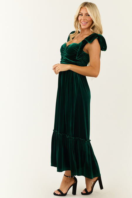 Deep Pine Velvet Tie Straps Ruched Maxi Dress