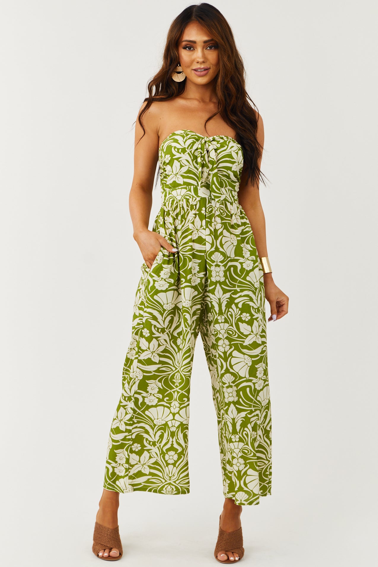 Deep Pistachio Floral Strapless Cropped Jumpsuit | Lime Lush