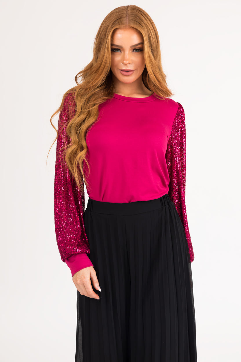 Deep Raspberry Long Sequined Sleeve Knit Top