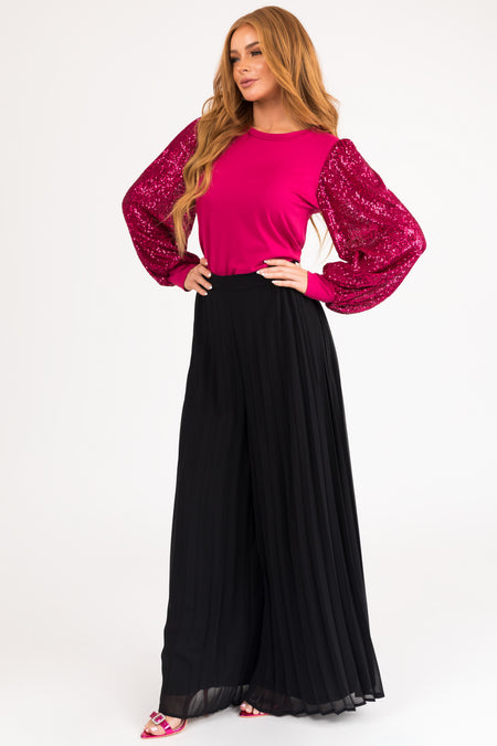 Deep Raspberry Long Sequined Sleeve Knit Top