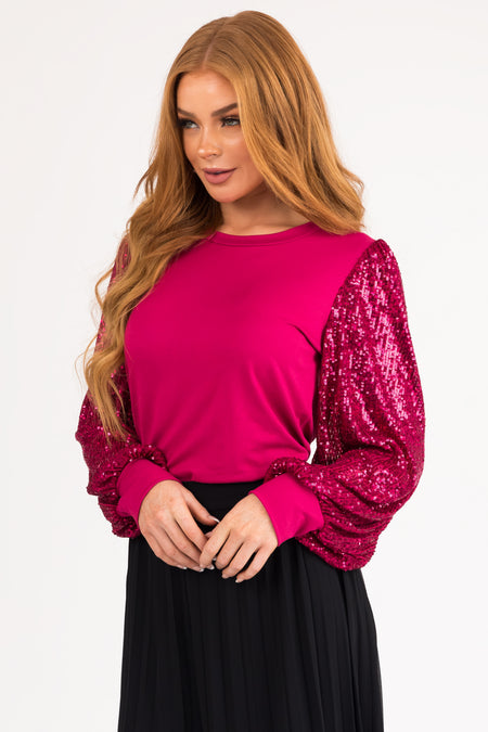 Deep Raspberry Long Sequined Sleeve Knit Top