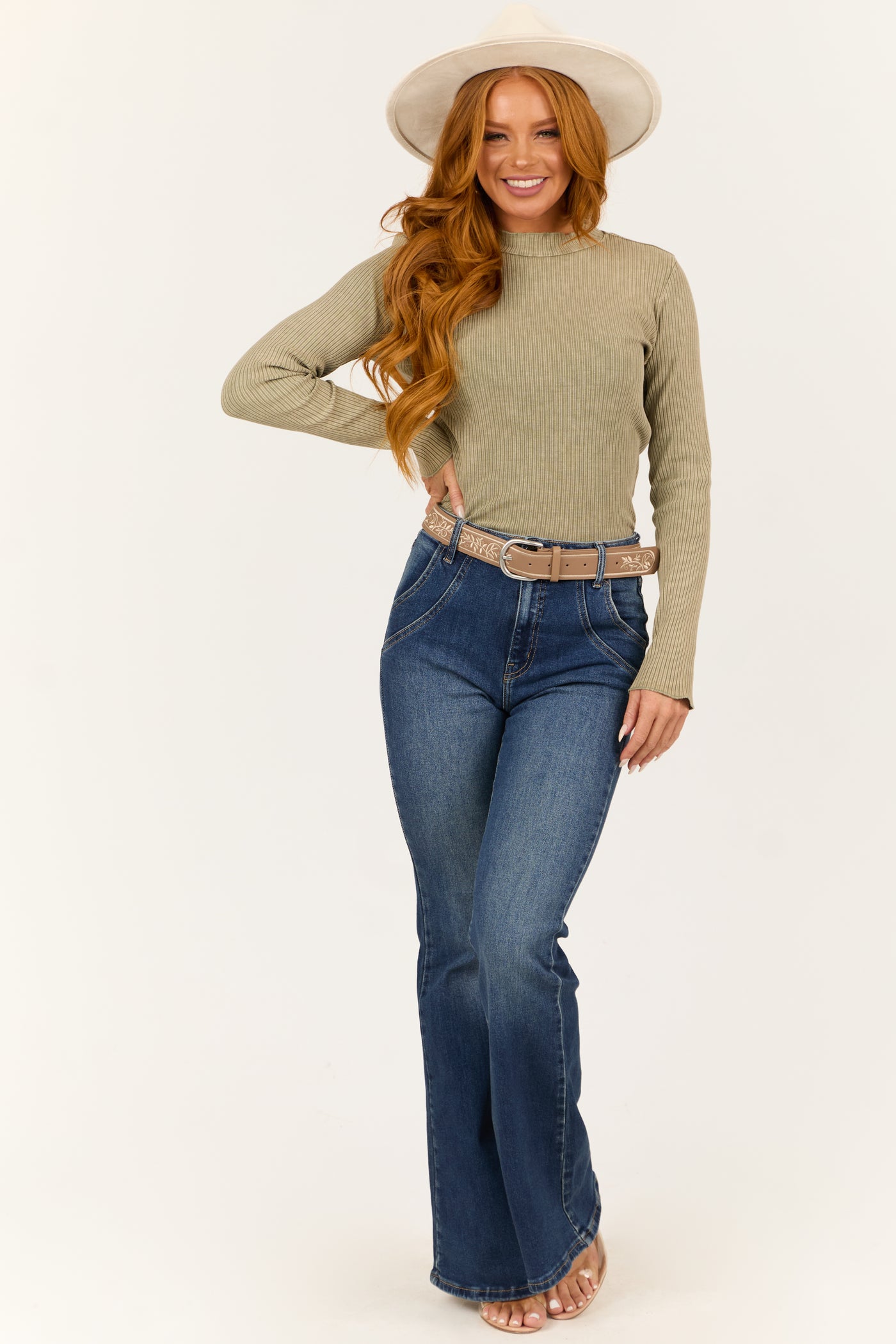 Deep Sage Mock Neck Ribbed Long Sleeve Knit Top