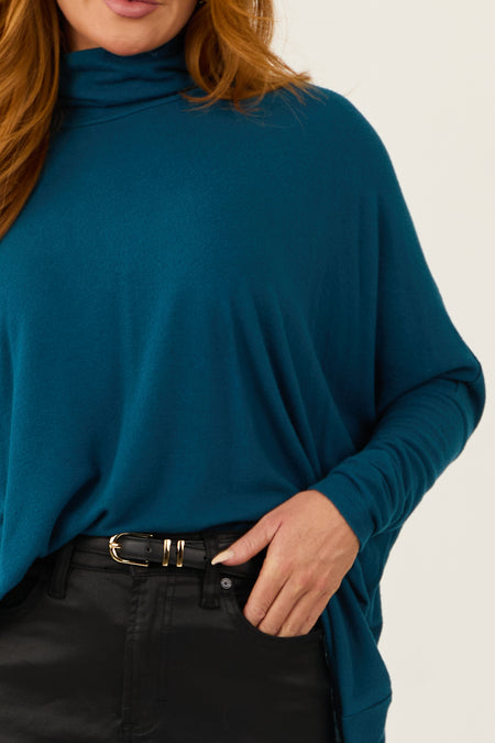 Deep Sea Blue Turtleneck Dolman Sleeve Top