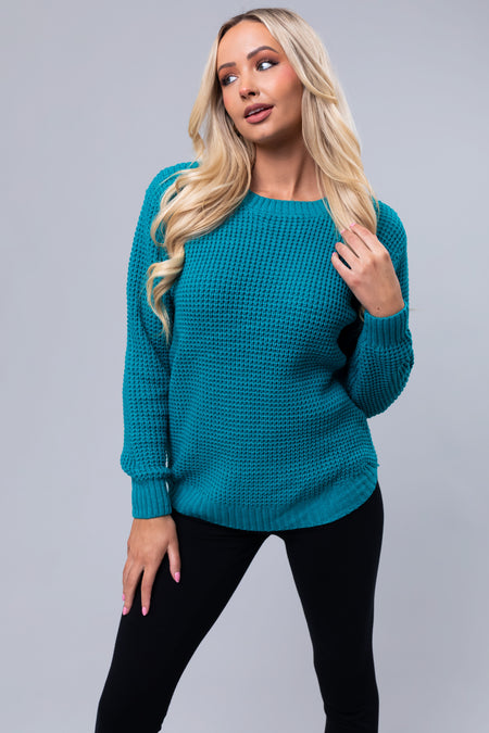 Deep Teal Thick Waffle Knit Curved Hem Sweater