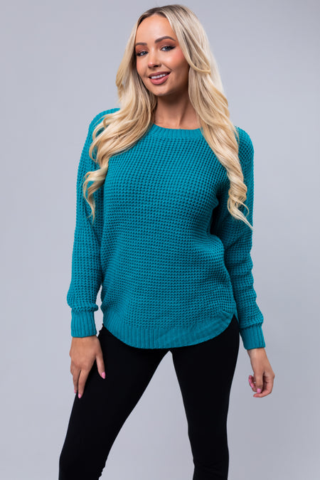 Deep Teal Thick Waffle Knit Curved Hem Sweater