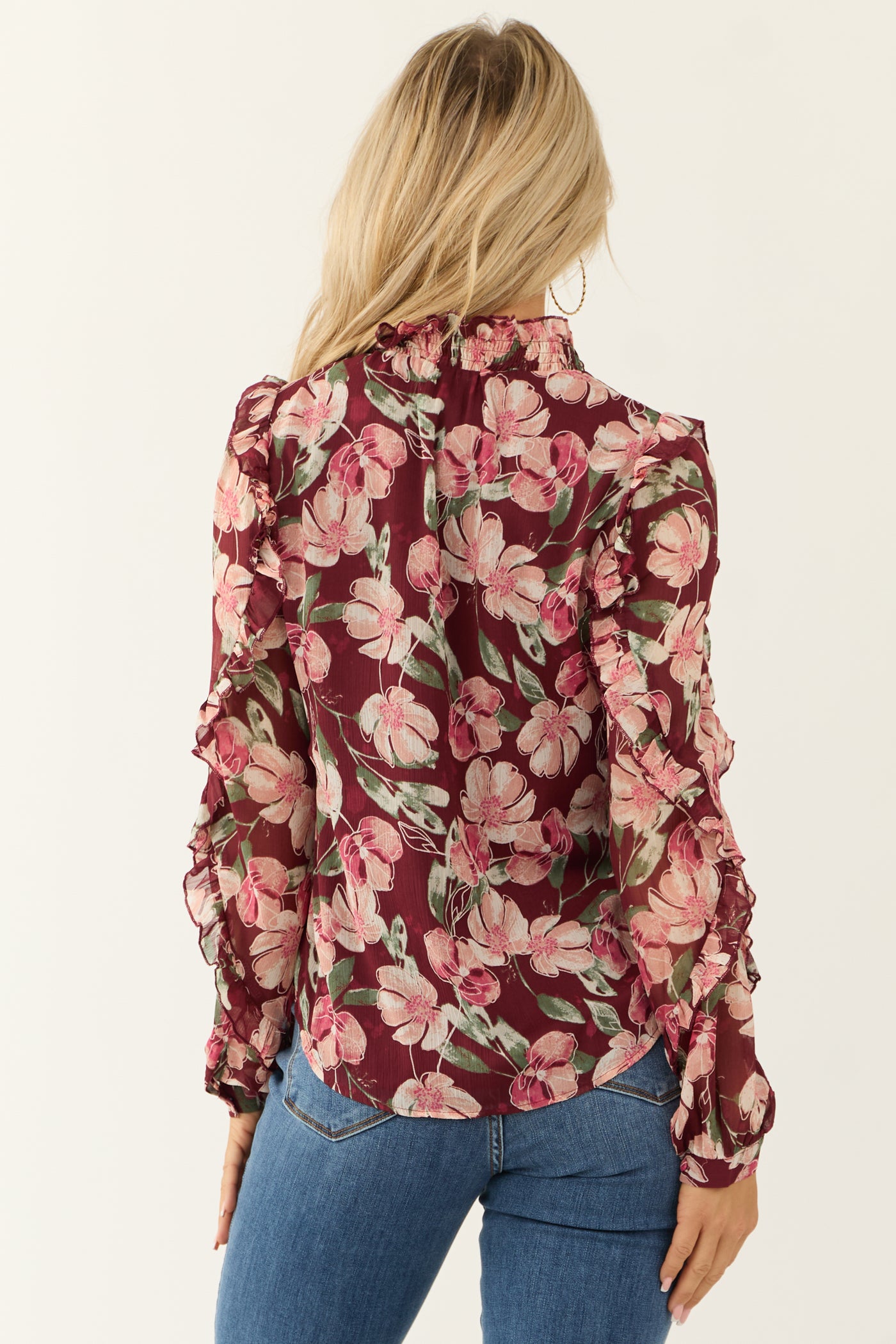 Deep Wine Floral Print Long Sleeve Blouse