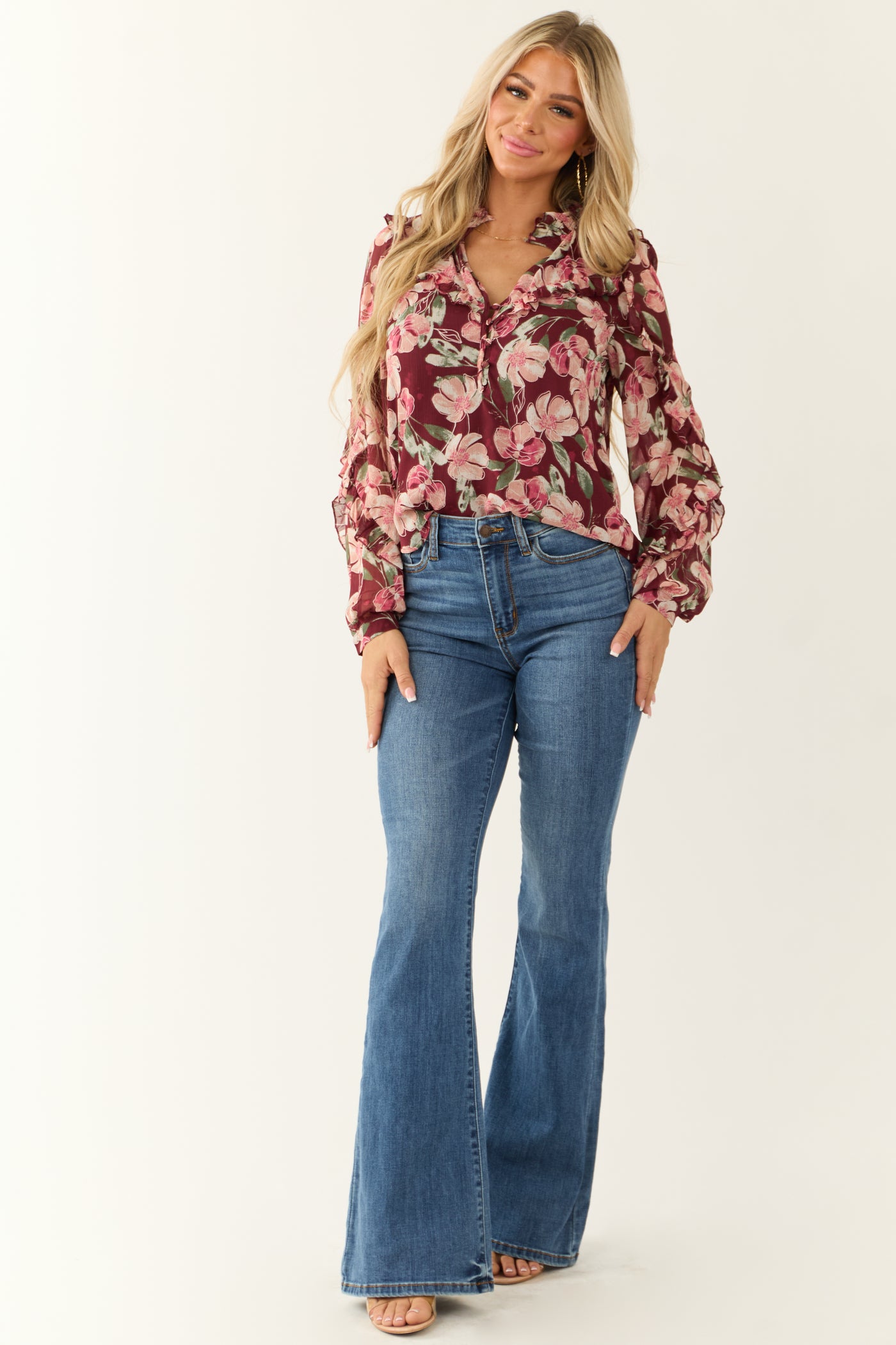 Deep Wine Floral Print Long Sleeve Blouse