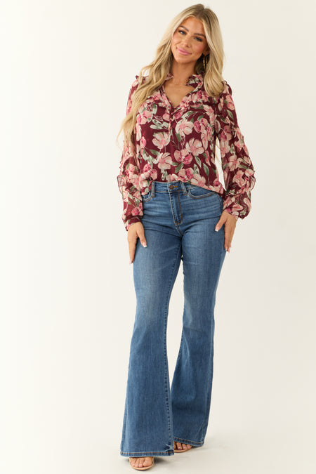 Deep Wine Floral Print Long Sleeve Blouse