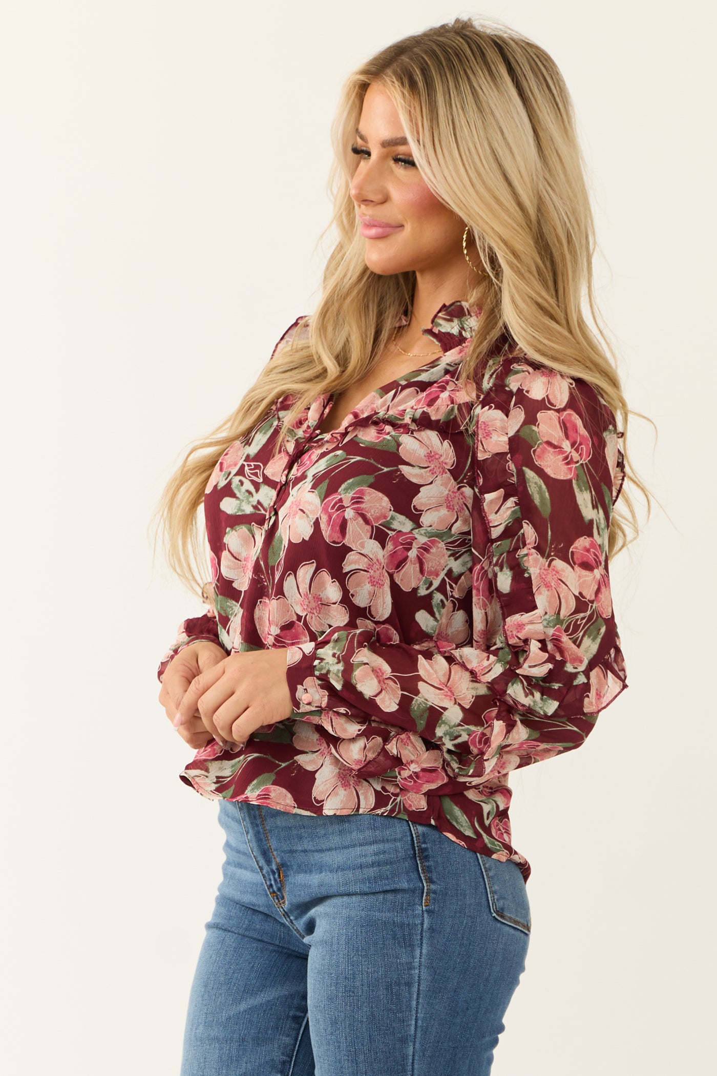 Deep Wine Floral Print Long Sleeve Blouse