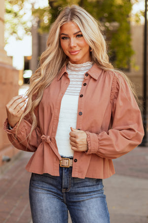 Deep Coral Denim Button Down Long Sleeve Peplum Top