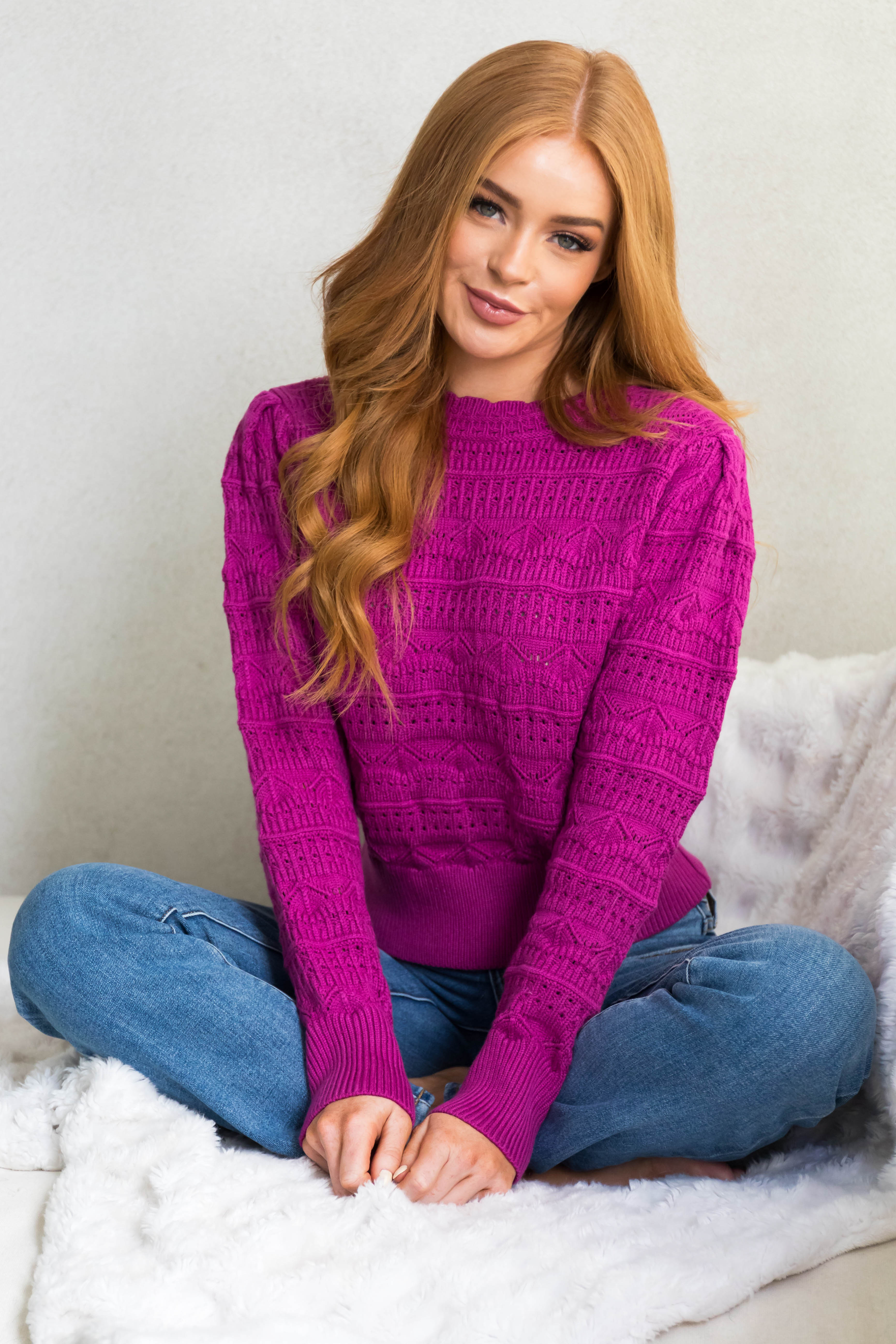 Deep Fuchsia Pointelle Knit Long Sleeve Sweater