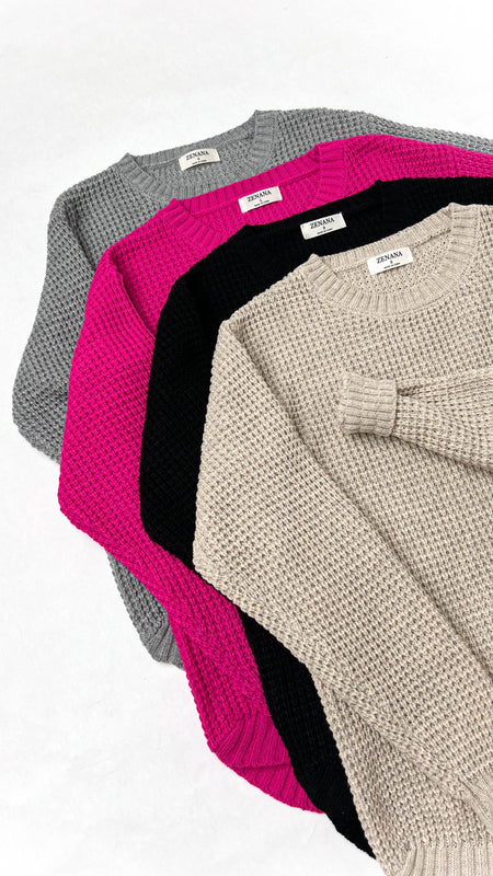 Deep Fuchsia Thick Waffle Knit Curved Hem Sweater