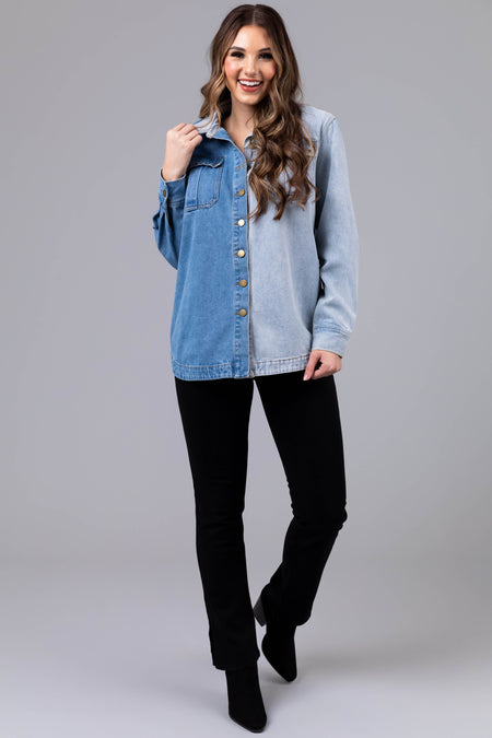 Denim Colorblock Button Down Shacket