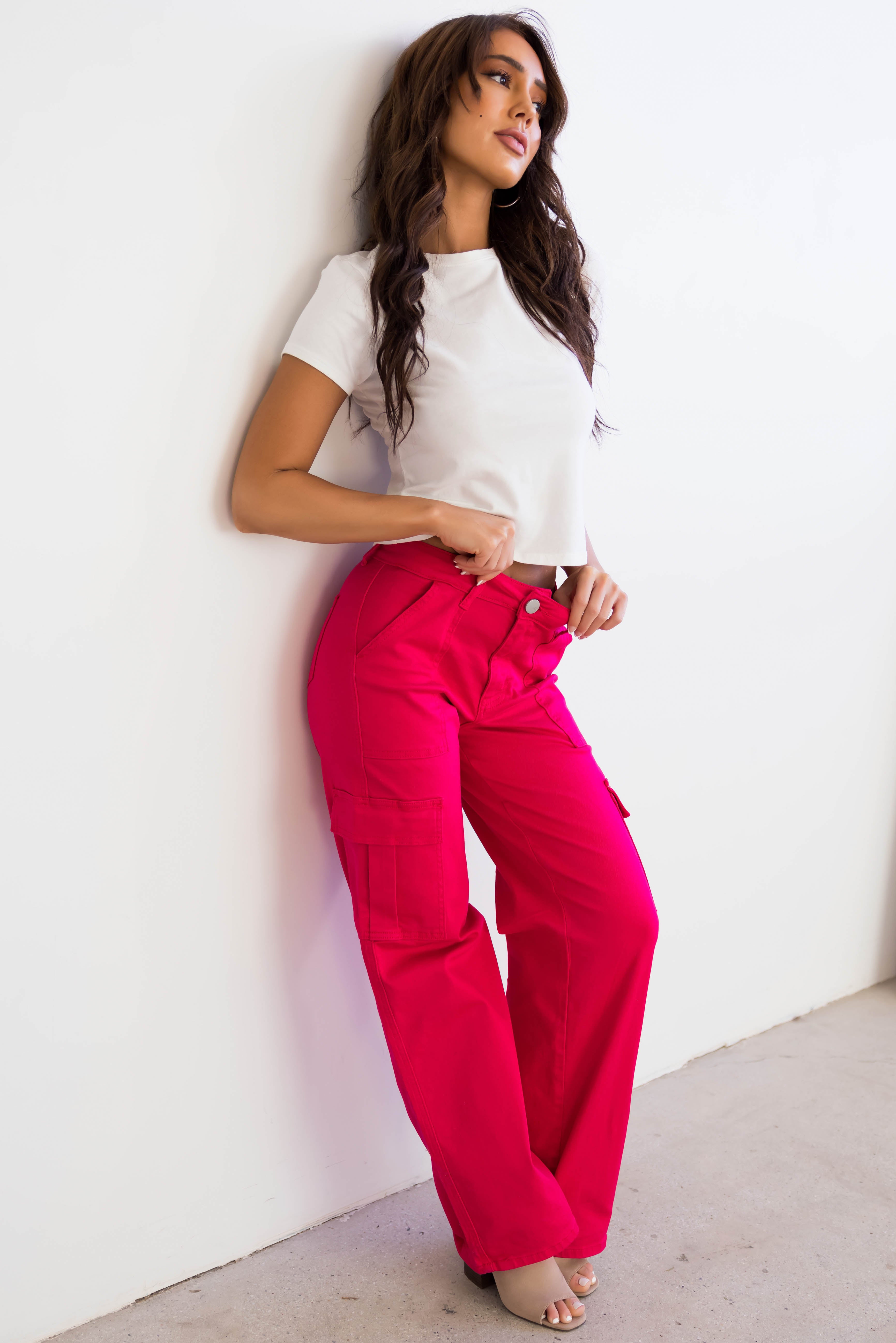 Denim Zone Hot Pink Super Stretchy Cargo Jeans