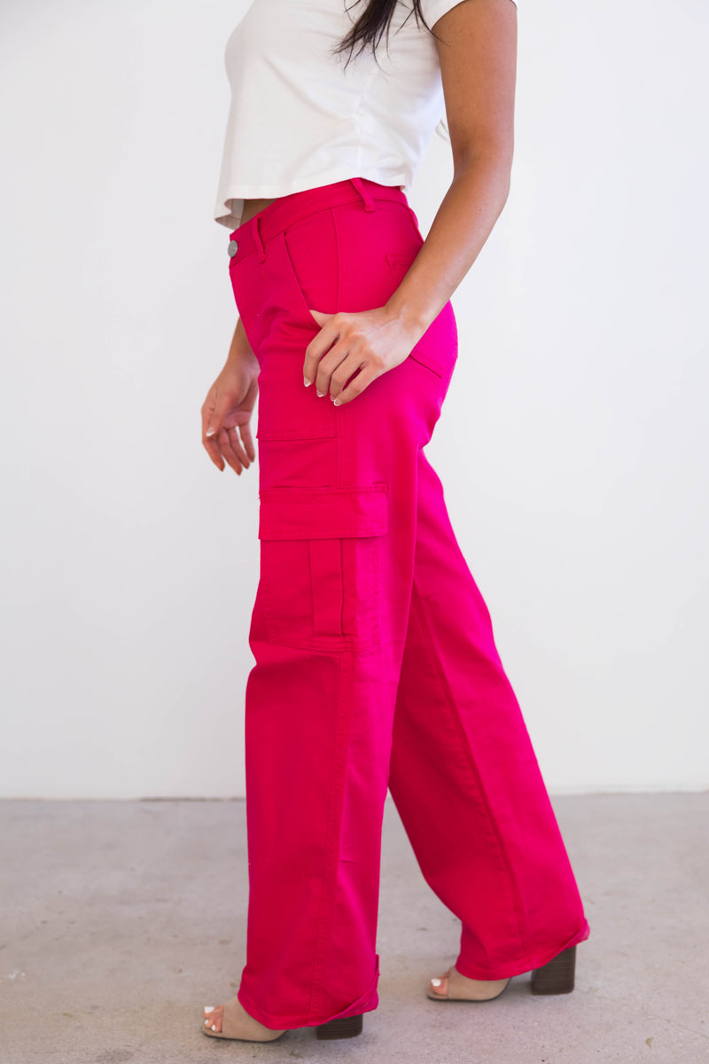 Denim Zone Hot Pink Super Stretchy Cargo Jeans