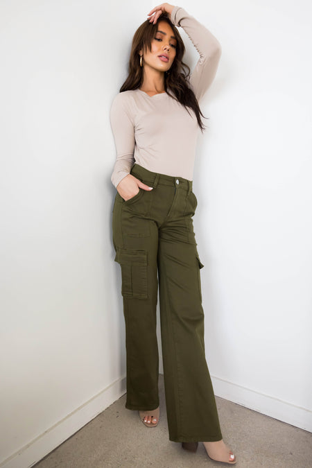 Denim Zone Olive Super Stretchy Cargo Jeans