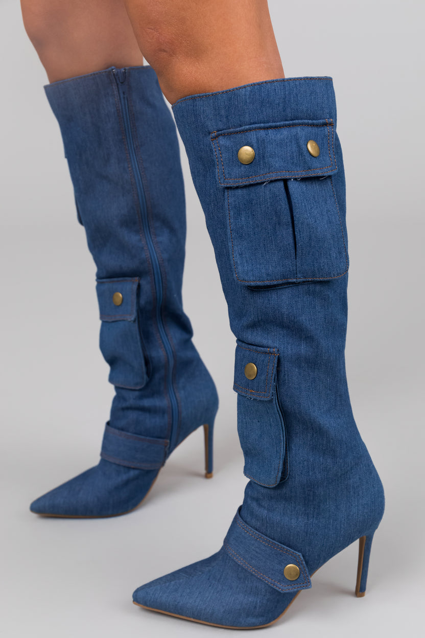 Denim Knee High Boots with Pockets