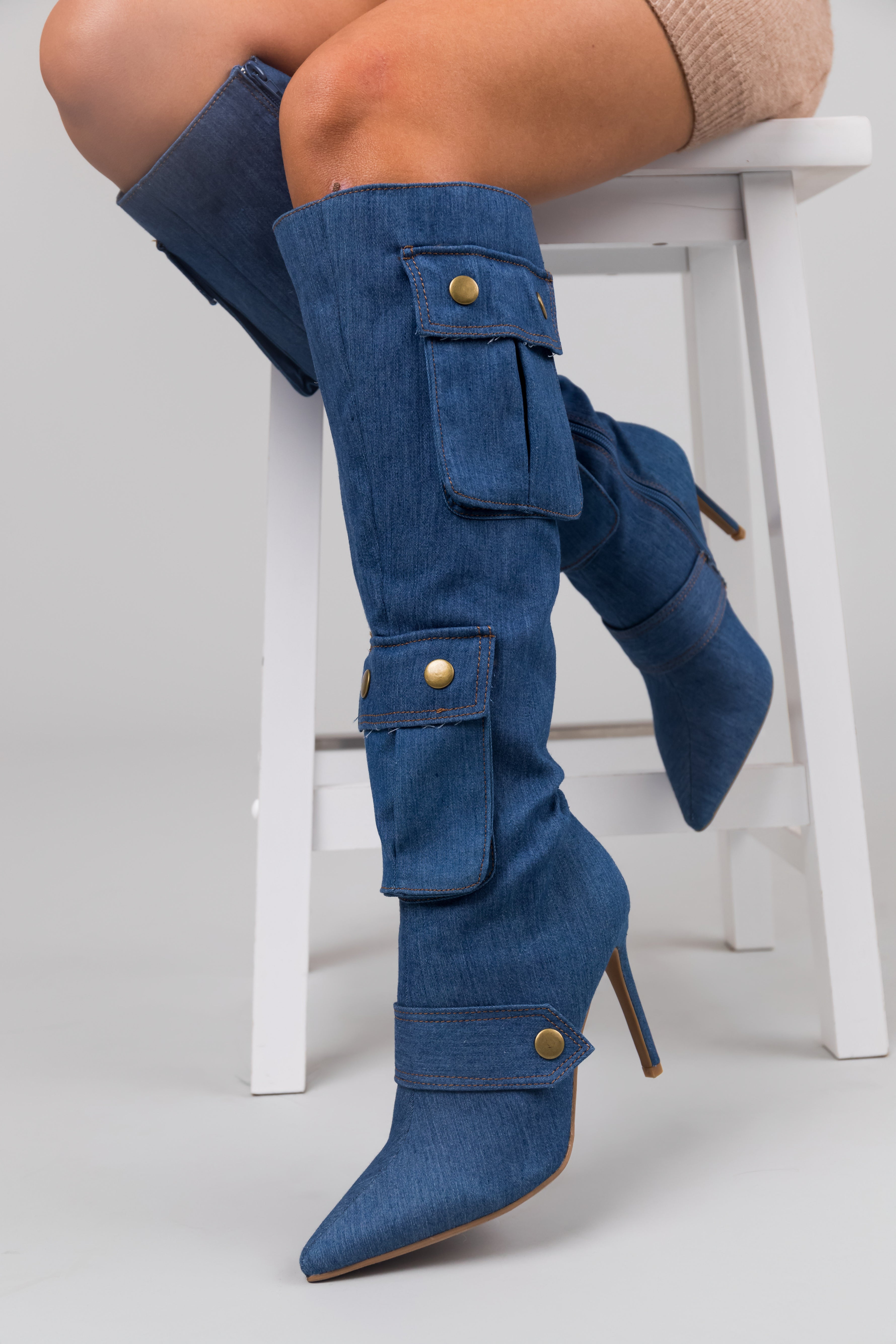 Denim Knee High Boots with Pockets