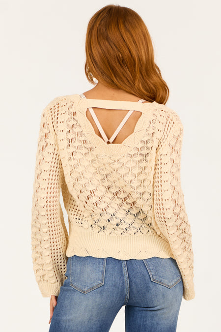 Desert Sand Crochet Long Flare Sleeve Sweater