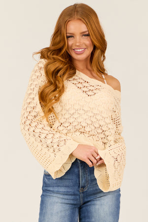 Desert Sand Crochet Long Flare Sleeve Sweater