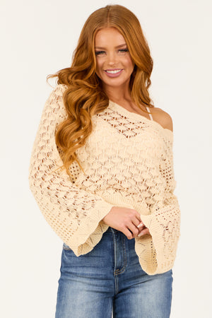 Desert Sand Crochet Long Flare Sleeve Sweater