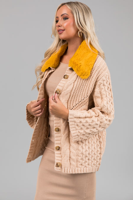 Desert Sand Faux Fur Collared Cable Knit Cardigan