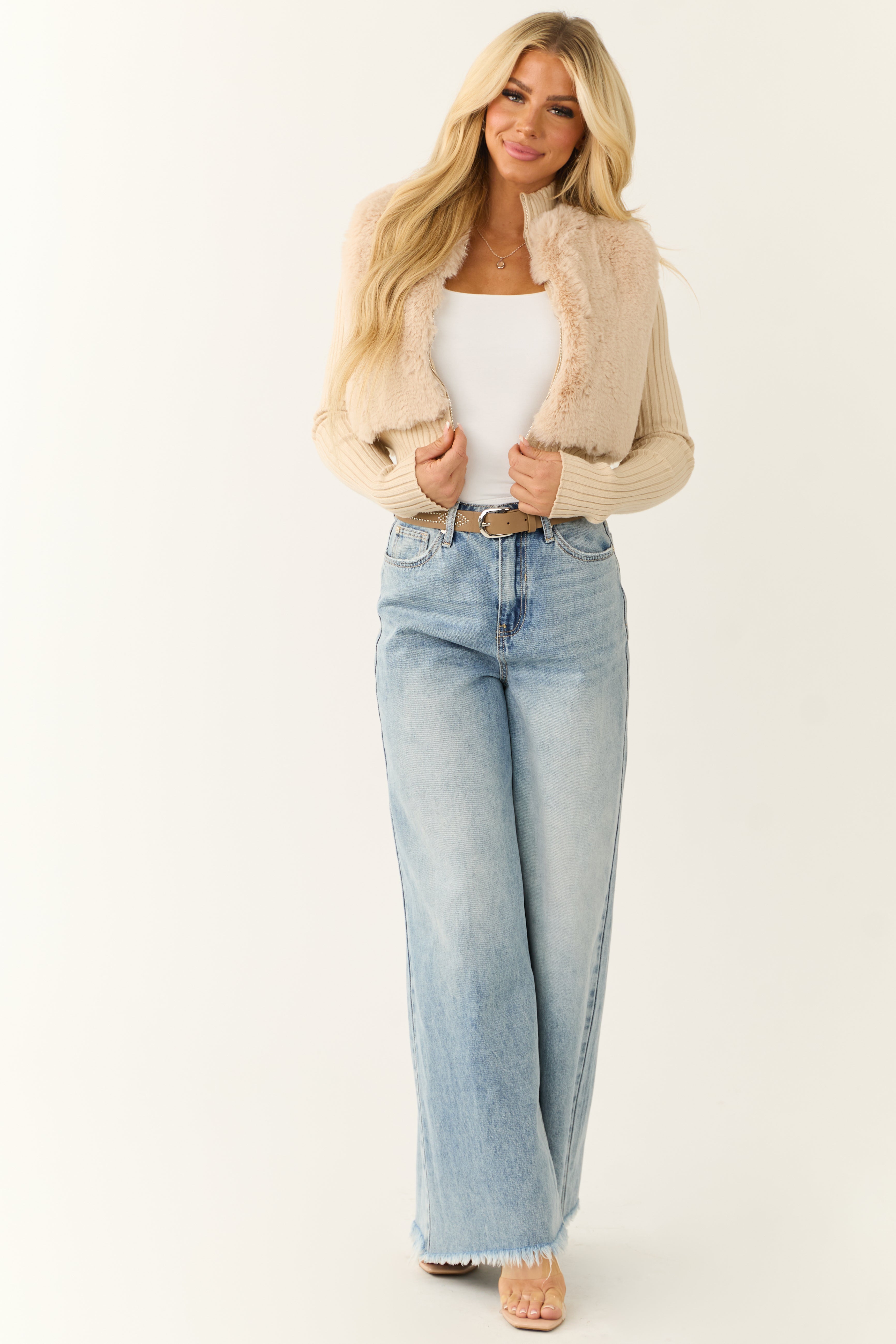 Desert Sand Faux Fur Zip Up Sweater Jacket