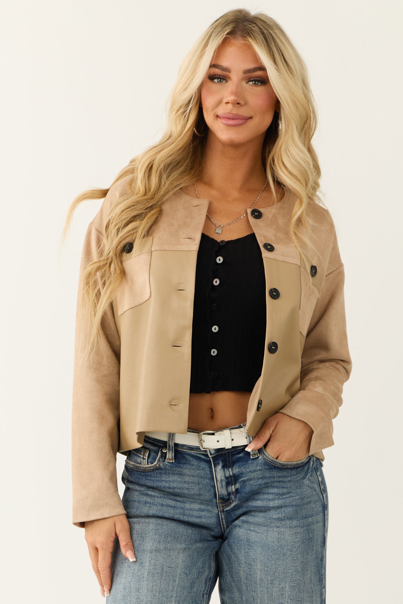 Desert Sand Faux Suede and Leather Jacket