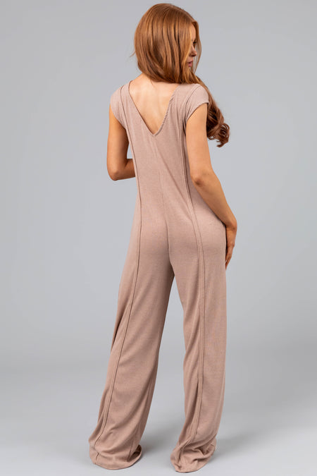 Desert Sand Flowy Wide Leg Knit Jumpsuit