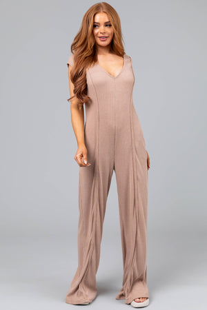 Desert Sand Flowy Wide Leg Knit Jumpsuit