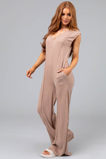 Desert Sand Flowy Wide Leg Knit Jumpsuit